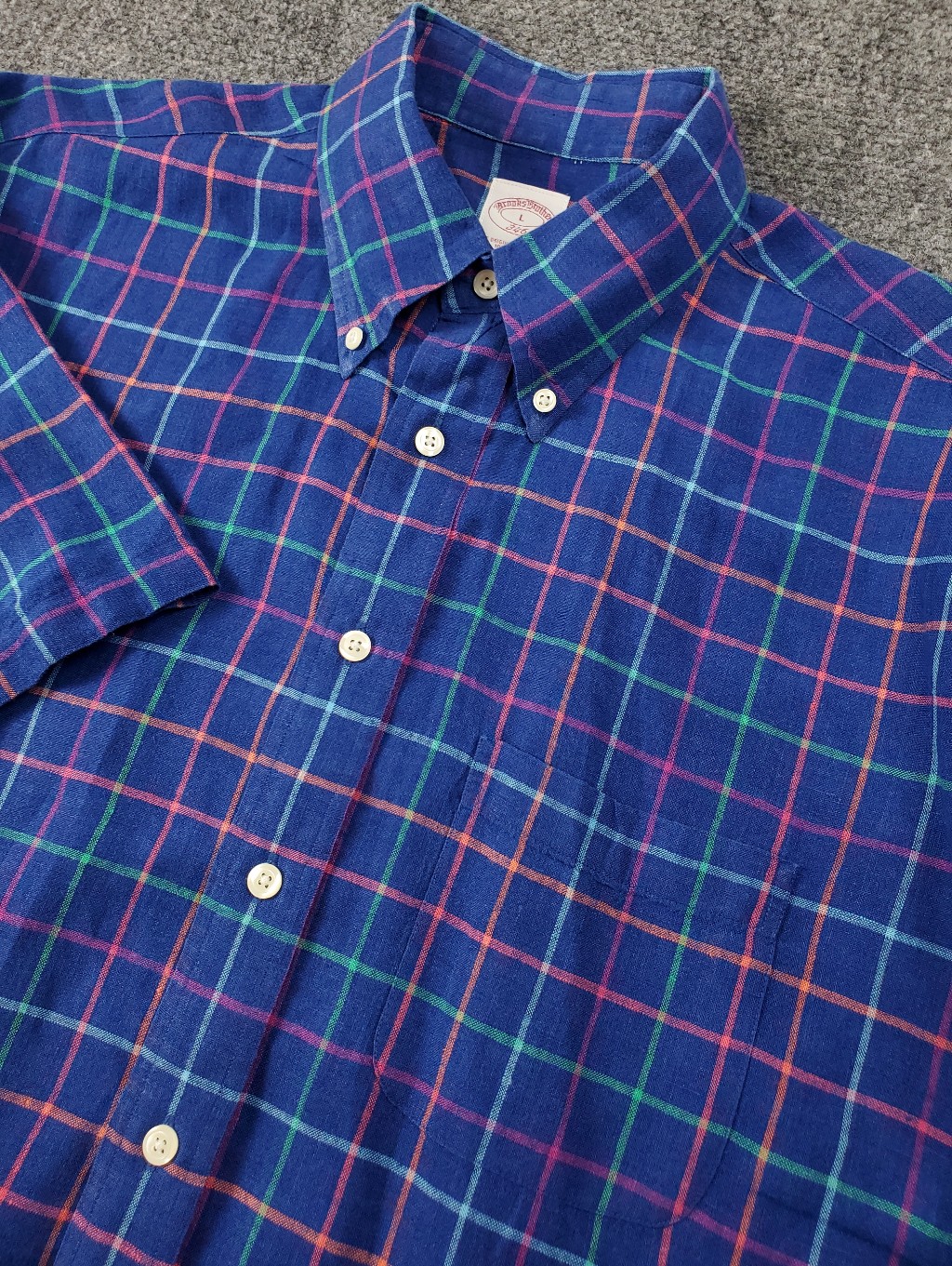 Brooks Brothers 346 100% Linen Shirt Large Short Sleeve Multicolor Grid Plaid